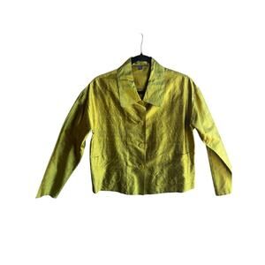 Harari Raw Silk Blazer Jacket Metallic Chartreuse Green Cropped Boxy Artsy Lux S